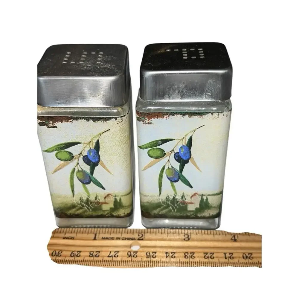 Tuscan Olive Oil Glass Salt Pepper Shakers Set‎ Square Metal Lids Kitchen Decor
